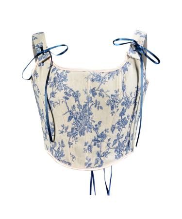 Qwuveds Women Sexy Bustier Corset Top Oset Fashion Flower Printing Push Up Cross Vintage Tank Top Party Clubwear Bieder Abdomen Women 3xl 4-0115D blue