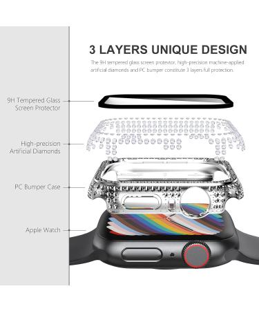 Surace Bling Apple Watch Case 44mm with Screen Protector - 300 Crystal Diamond Tempered Glass Cover for Apple Watch Series 6/5/4/3/2/1 - Silver - Buy Online on SooperMarket.com