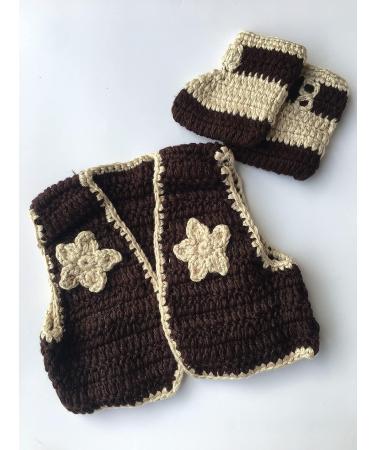 Pinbo Newborn Baby Photography Prop Crochet Knitted Cowboy Vest Shoes in Coffee - Adorable Infant Photo Shoot Outfit - Buy Online on SooperMarket.com