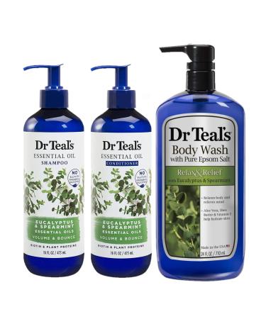 Dr. Teals Eucalyptus & Spearmint Shower & Bath 3 Gift Set - Eucalyptus & Spearmint Shampoo  Conditioner  & Body Wash - Complete Self Care Kit with Essentials - Cleanse Body  Wash & Condition Hair