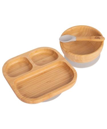 Tiny dining children bamboo suction dining area plate bowl spoon with suction cups - segmented design environmentally friendly - gray