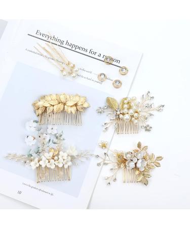 Gold Flower Leaf Hair Combs, Pearl Pins, Rhinestone Barrettes - 36 Pack Set for Wedding & Prom Hairstyles - Buy Online on SooperMarket.com