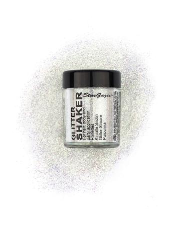 Stargazer UV Glitter Shaker White. Cosmetic glitter powder for use on the eyes lips face body hair and nails. UV White