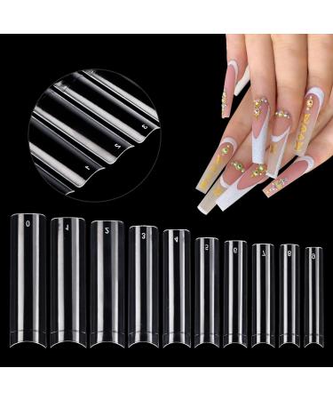 500Pcs XXL Extra Long Nail Tips No C Curve Clear Square False Nails Professional Set 10 Sizes Ballerina Shaped Straight Fake Nails Half Cover Press on Nails Extension Kit for DIY Nail Art 500 Piece Assortment