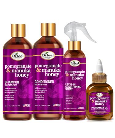 Difeel Pomegranate & Manuka Honey Hair Care Set - 12oz Shampoo 12oz Conditioner 8oz Leave-in Spray 2.5oz Hair Oil