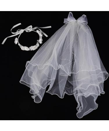 Merroyal Girls Communion Bow and Dangle Cross Charm with 24 Inch Veil on Hair Comb with White Floral Crown (Veil with Crsytal One Size) Veil With Crsytal One Size - Buy Online on SooperMarket.com