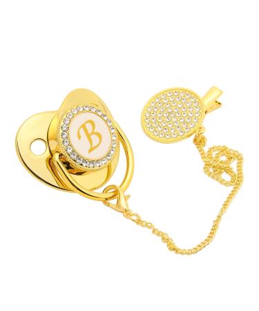Golden baby pacifier curved design 26 letters safe materials glittering baby pacifiers with clips for feeding babies aged 6 to 18 months with (letter b)