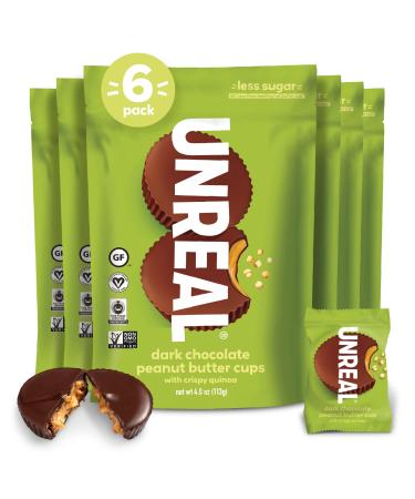UNREAL Dark Chocolate Crispy Quinoa Peanut Butter Cups - Vegan, Gluten Free, Less Sugar (6 Bags)