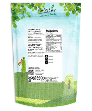 Organic Italian Steel Cut Farro  1.5 Pounds  Non-GMO  Cracked Pearled Wheat Grain  Non-Irradiated  Vegan  Bulk. Easy to Cook. Rich in Fiber  Protein. Perfect for Cereal  Porridge  Soups  Salads - Buy Online on SooperMarket.com