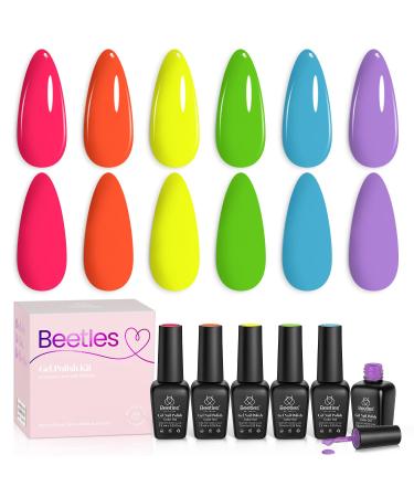 Beetles Gel Nail Polish Kit 6 Colors Spring Summer Nails Neon Gel Polish Hot Pink Gel Polish Green Blue Purple Gel Polish Set Soak Off Nail Lamp Cured Nail Manicure Nail Art Rainbow Kingdom