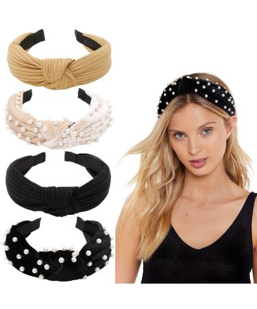 WOVOWOVO Headbands for Women Girls Knotted Wide Pearl head band Top Knot Head Bands for Women s Hair Thick Headband Velvet HairBands 4Pcs Classic