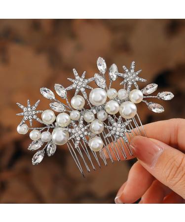 Handcess Bridal Pearls Hair Comb Splitter Rhinestone Star Hair Pieces Crystal Bridal Side Combs Wedding Hair Accessories for Women and Girls