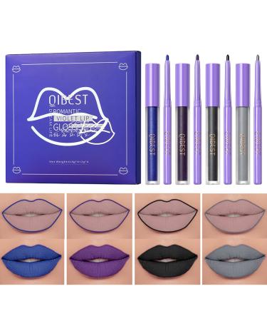 8Pcs Matte Liquid Lipstick and Lip Liner Set White Black Blue Halloween Cosplay Makeup Waterproof Non-Stick Cup Not Fade Liquid Lipliner Lip Gloss Make Up Gift Set (Set A)