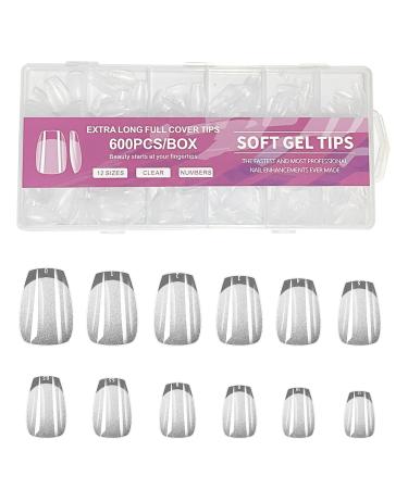 Short Nail Tips - 600PCS Half Matte Soft Gel Nail Tips Full Cover False Nails Tips Clear Acrylic Fake Nails Tips for Press On Nails Short 12 Size 600 PCS (600-Short-B) B Short