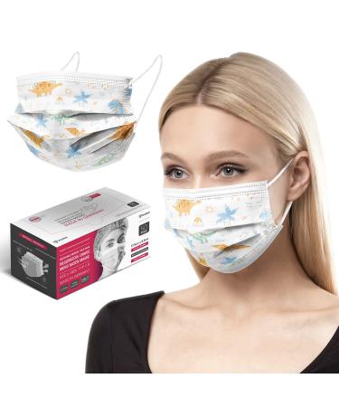 HARD 50 pieces Disposable Face Masks | Made in Germany | Type IIR & CE certified | Breathable Triple Layer - Filtration 99 78% | Elastic Earloops | Mouth Cover - Adults - Dino 50 Piece standard size (17 5 cm x 9 5 cm) Dino