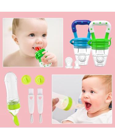 HAOBAOBEI Baby Fresh Fruit/Food Feeder Pacifier (2 Pcs) - Silicone Teething Toys with 2 Sized Pouches, Spoon, Bottle Brush - Blue&Green Set - Buy Online on SooperMarket.com