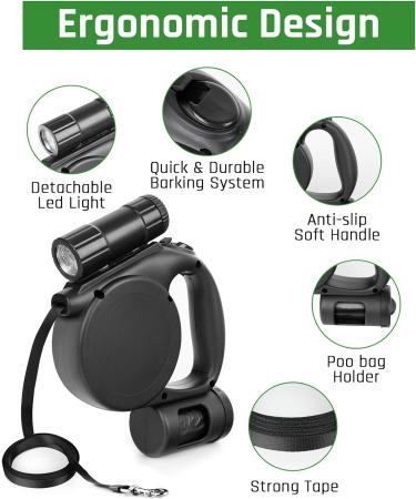 ZEEJORY Retractable Dog Lead 5M Extendable Dog Lead with LED Light & Poo Bag Holder Easy One Button Brake&Pause&Lock Anti-Slip Handle Dog Leash Small to Large Dogs up to 110lbs(50KG) - Buy Online on SooperMarket.com