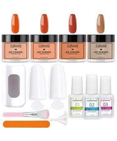 Lofuanna Dip Powder Nail Kit Starter-4 Colors Dipping Powder with Base&Top Coat&Activator No UV/LED Needed All-in-One DIY French Nail Art Manicure Set for Beginners (A2-Halloween Pumpkin)