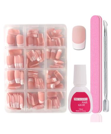Maggidea Press on Nails 240 Pcs Coffin Fake Nails French Tip Nude Color False Nail Glossy Full Cover Glue on Nails Ballerina Nail Art Manicure Decorations for Girls Women (Matte French-Short Square)