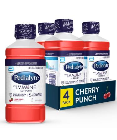Pedialyte with Immune Support, Cherry Punch, Electrolyte Hydration Drink with Zinc, Selenium, and Magnesium, 1 Liter, Pack of 4