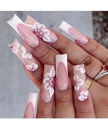 French False Nail Long 24Pcs Coffin Fake Nails Pink Press on Nail with Flower Glitter Stick on Nails False Nails with Glue Ballerina Nail Tips for Women Girs Nail Decorations Long Flower Glitter