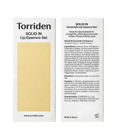 Torriden SOLID In Ceramide Lip Essence - 2 Pack Moisturizing Lip Balms with Organic Jojoba Oil & Ceramides for Glowy Plumped Lips - Korean Skin Care - Buy Online on SooperMarket.com