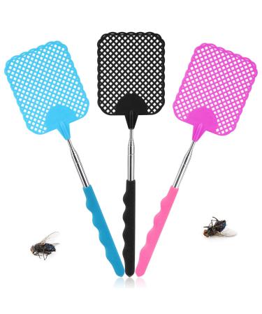 Flying swatter 3 pieces flaps pull -out pest control with integrated mosquito scrap for used to ward off fly wasps mosquitoes and other insects (black blue pink)