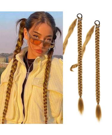 Fulang hair 2pcs braid ponytail extension braid with hair tie hair part for brilliant long ponytail art hair for women braided hair part (light gold-brown)