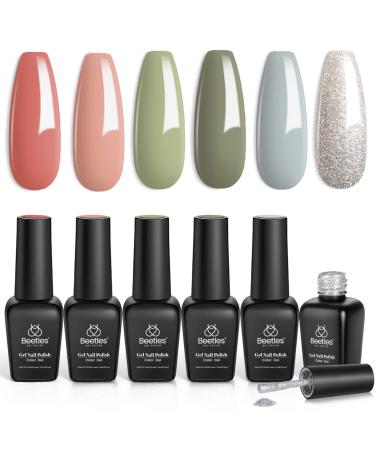 Beetles Gel Polish SOUTHERN BELLE Glitter Nude Gel Polish Set - 6 Pcs Coral Green Light Blue Gel Polish Kit Soak off Nail Lamp Gel Base and Top Coat Needed Varnish Salon Nail Art Design Gifts for Women A- 6 Colors SOUTHERN BELLE Collection