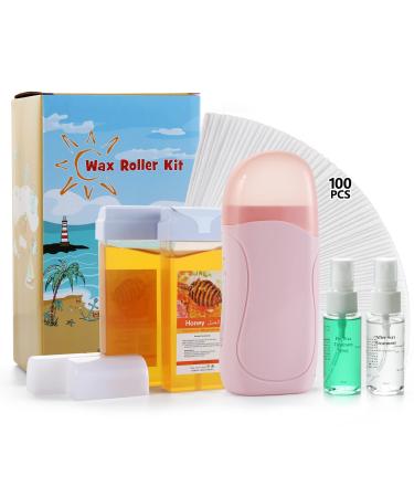 Roll On Wax  Wax Roller Kit for Hair Removal  Portable Roll On Wax Kit with 2 Honey Roller Wax Cartridge & 100 Wax Strips  Roller Waxing Kit for Women for Larger Areas Of The Body at Home Waxing Kit for Women and Men Bet...