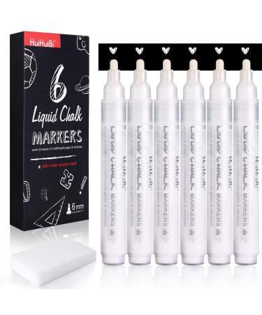 HUIHUIBI White Chalk Markers,6 Pack Set White Liquid Chalk Pens,White Dry Erase Marker Pen for Blackboard,Windows,Chalkboards,Glass,Signs,Bistro 6 Pack White