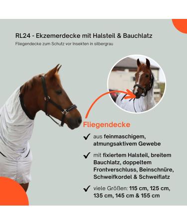 RL24 Eczema Ceiling for Horses - Silver Gray | Insect Protection Fine-Meshed Tissue Double Front Closure & Leg Cords | 115cm Outdoor Ceiling - Buy Online on SooperMarket.com