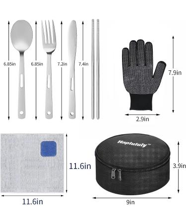 Stainless Steel Camping Mess Kit - 28 Pcs Dinnerware Set for 4 - Plates, Bowls, Cutlery, Gloves & Rag - Ideal for Hiking, Picnics - Black - Buy Online on SooperMarket.com