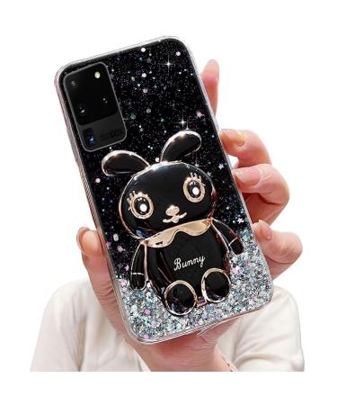 Tivenfezk nadoli for samsung galaxy s20 ultra hare hidden stand shell caricature glitter rabbits stand soft silicone bling cell phone case transparent protective cover samsung galaxy s20 ultra black
