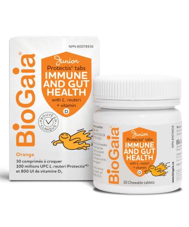 BioGaia Probiotic Junior Immune & Gut Health Tablets | New Format | Probiotic + 800 IU of Vit. D | 30-Day Supply/Chewable Tablets | For kids & Teens | Eases constipation | Helps maintain immune function | Development of bones and teeth | Prevent episodes 