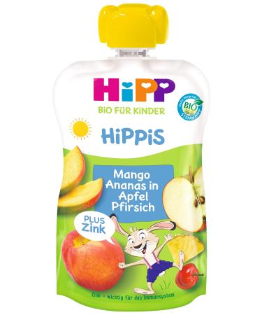 HiPP Organic for Children HiPPiS Fruit Plus Mango Pineapple in Apple Peach plus Zinc - Hans Hase Pack of 6 (6 x 100 g)