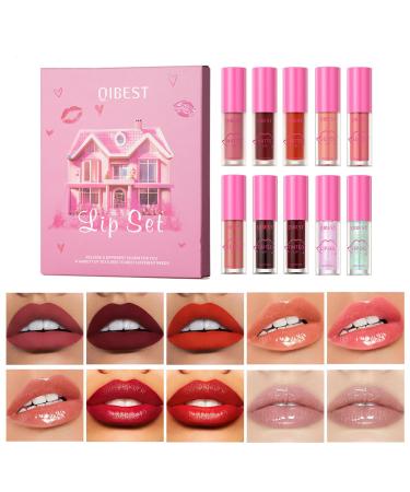 10 Colors Liquid Lipstick Set 3 Matte Lip Gloss/ 3 Glossy Lip Gloss/ 2 Lip Tint/ 2 Glitter Lip Oil in One Set Professional Lip Makeup Kit for Women