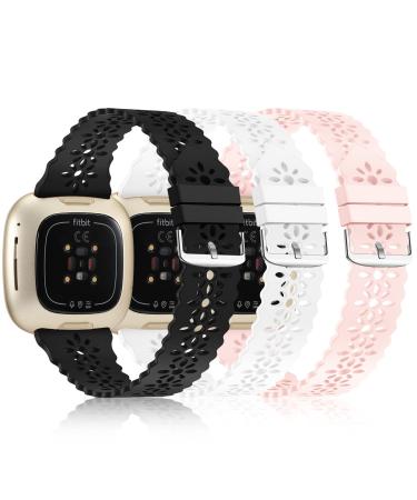 YAXIN 3 Pack Slim Sport Bands Compatible with Fitbit Sense/Fitbit Versa 3 Band for Women,Soft Silicone Lace Replacement Wristbands for Fitbit Versa Smart Watch,Black/White/Pink Sand A-black/white/pink sand