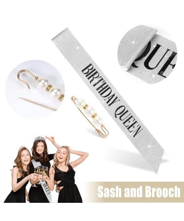 Makone Birthday Queen Sash & Tiara Set - Silver Rhinestone Tiara & Glitter Sash for Women and Girls - Buy Online on SooperMarket.com