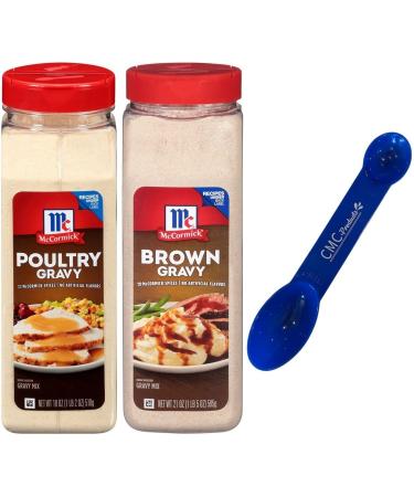 McCormick Gravy Mix Value Bundle - 2 Items- McCormick Brown Gravy, 21 Ounce and McCormick Poultry Gravy 18 Ounce w/ Custom CMC Measuring Spoon 1tbsp & 1tsp