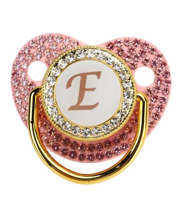 Baby pacifier occupied with rhinestones ergonomic solid and golden light and flexibly curved design for home (letter e)