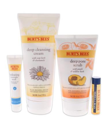 Burt's Bees Holiday Gift Set - 4 Face Care Essentials: Deep Cleansing Cream Pore Scrub Overnight Mask & Vanilla Bean Lip Balm - Perfect Stocking Stuffer - Buy Online on SooperMarket.com