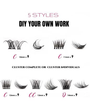 Individual Cluster Lashes Kit - 5 Style C CC D Curl 10-14mm Russian Eyelash Extensions with Clear Glue - 45 Clusters for DIY False Eyelashes - Reusable & Natural Look - Buy Online on SooperMarket.com