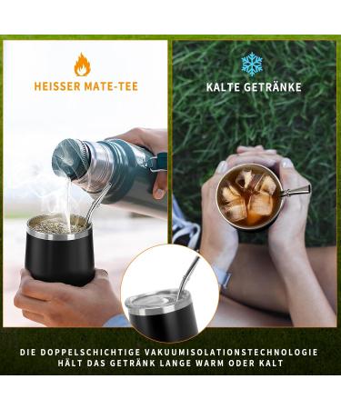 Telanks Mate Becher - 340ml Double-Walled Stainless Steel Yerba Mate Cup with Bombillas & Cleaning Brush | Black - Buy Online on SooperMarket.com