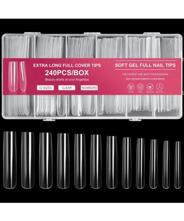 AORAEM Extra Long Square Full Cover Nail Tips 240PCS XXXL Clear Full Cover Fake Nails False Nails 12 Sizes Tapered Square Press on Fake Nail Tips for Acrylic Nails Salons Home DIY with Box 5#-Natural-240
