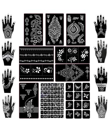 Koogel 18 Sheets Henna Tattoo Stencil Kit, 97 PCS Temporary Glitter Airbrush Flower Tattoo Stencils for Women and Girls Arabian Realistic Tattoo Stickers for Face Paint Body Art Black-1