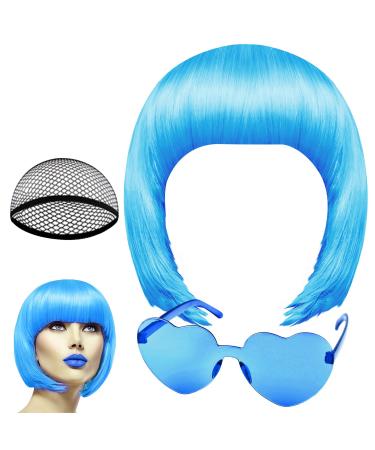 PLULON Sky Blue Bob Wig and Sunglass Set Neon Short Bob Wig Sunglass Pack Costume Colorful Cosplay Wig Hairpieces for Bachelorette Neon Party Favors Halloween Decorations Sky Blue Short