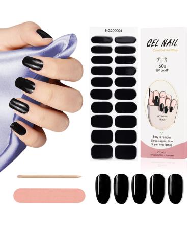 Kalolary 20PCS Nail Adhesive Wrap Nail Gel Polish Strips Full Wraps Nail Polish Stickers Cured Gel Nail Strips Self-Adhesive Gel Nail Wrap Stickers Decals(UV/LED Lamp Required) (Black)