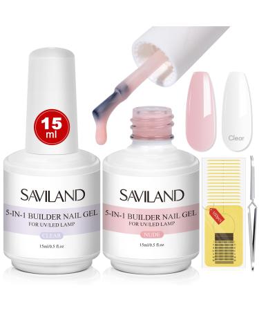 SAVILAND Builder Nail Gel Kit - 2 Colors 5-in-1 Nails Builder Extension Gel Clear&Nudes Hard Gel for Nails Nail Extension Kit with 100pcs Nail Forms Nail Clips for Professionals & Beginners