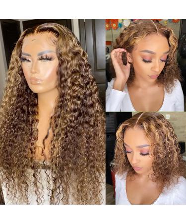 CYNOSURE 13x4 Curly Honey Blond Ombre Color Highlight Lace Front Human Hair Wigs for Women Invisible Pre Plucked (26 Inch  Highlight) 26 Inch (Pack of 1) Highlight
